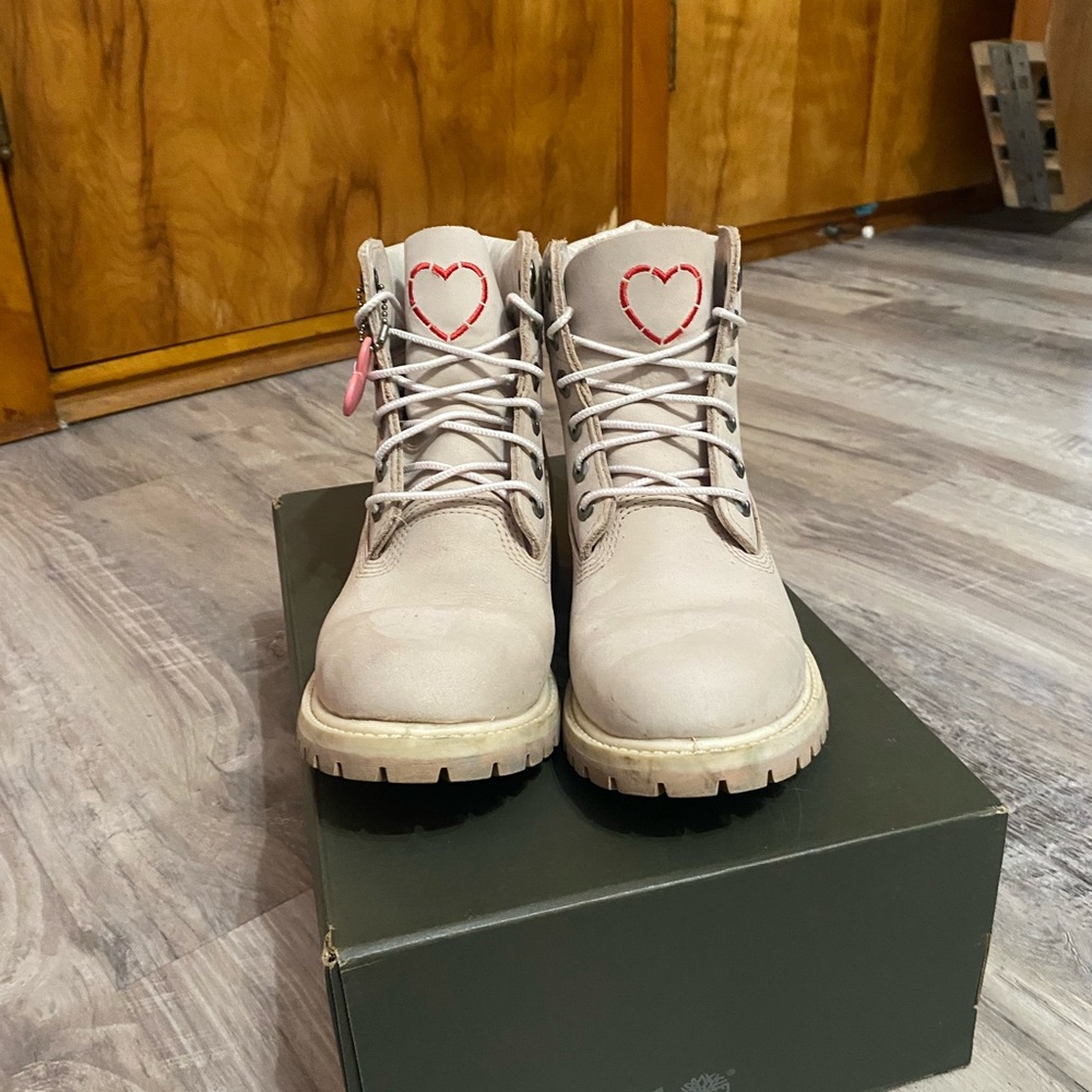 Beige Pink Timberland Valentines Boots with Red Heart Detail